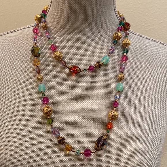 Women's long gold multi colored beads and stones necklace - Picture 2 of 8